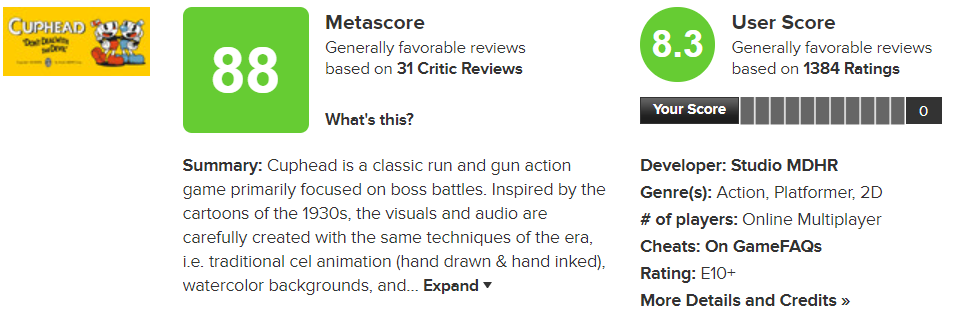 cuphead game score on metascore