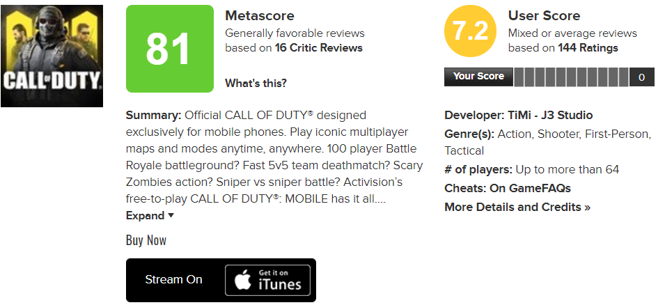 call of duty game score on metascore