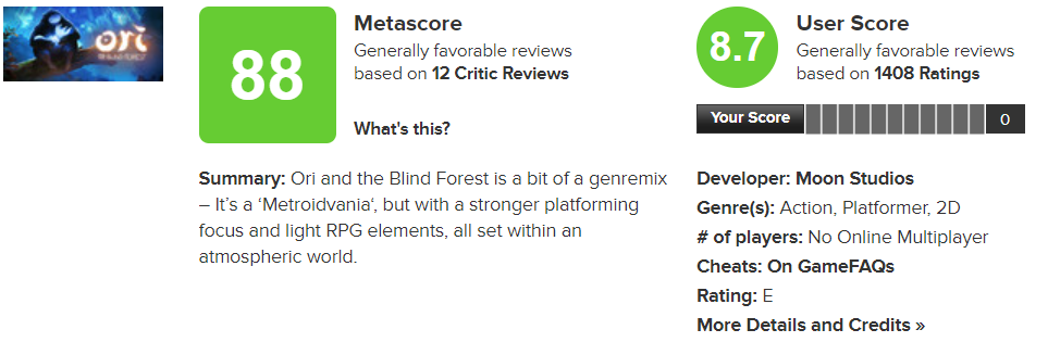 ori and the blind forest game score on metascore