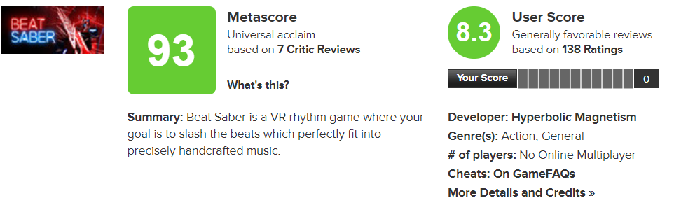 beat saber game score on metascore