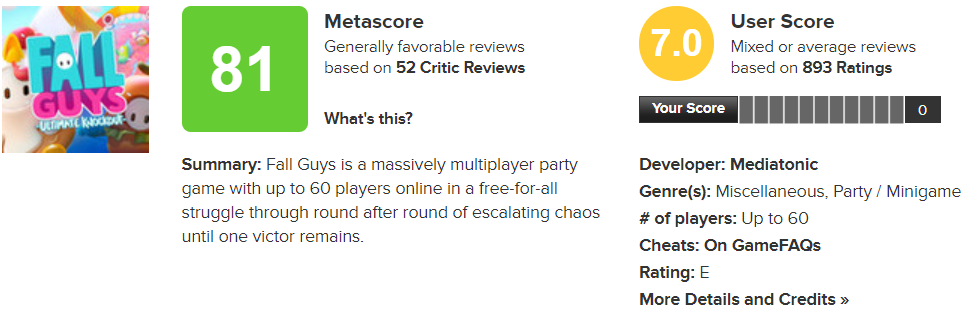 fall guys game score on metascore