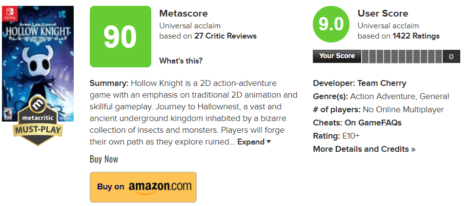 hollow knight game score on metascore