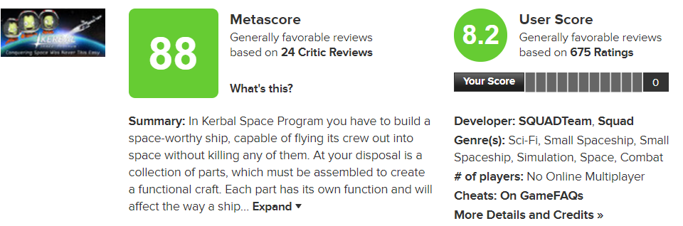 kerbal space program game score on metascore