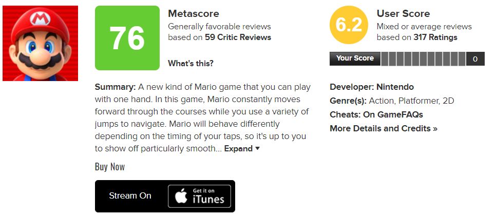 mario bros run game score on metascore