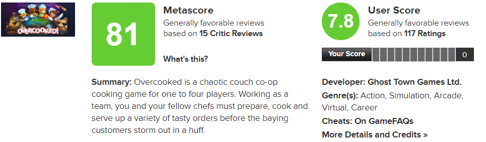 overcooked game score on metascore