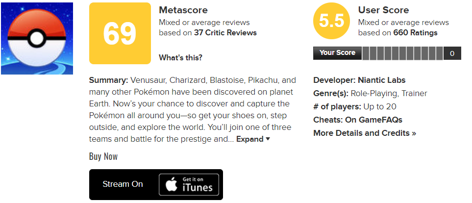 pokemon go game score on metascore