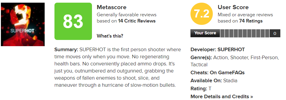 superhot game score on metascore