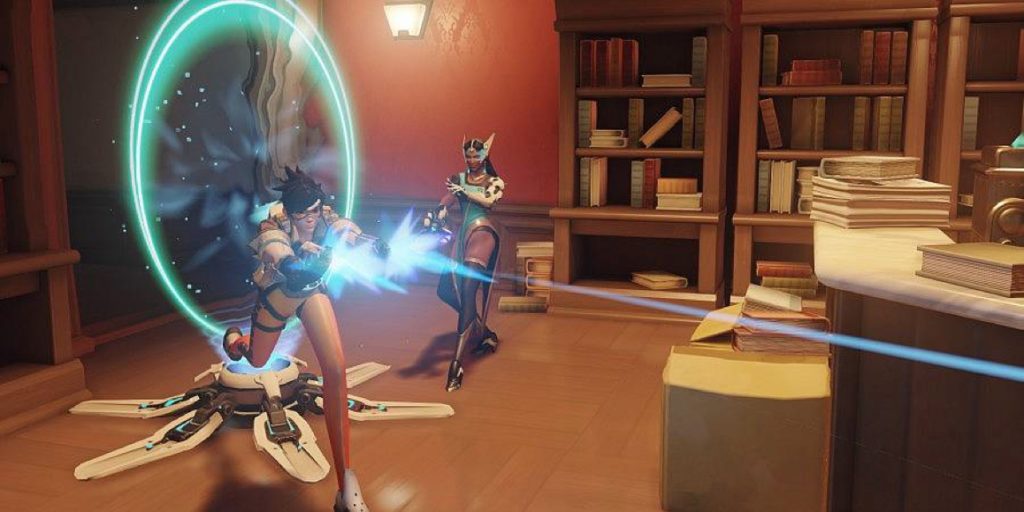 characters from game overwatch fighting in a library