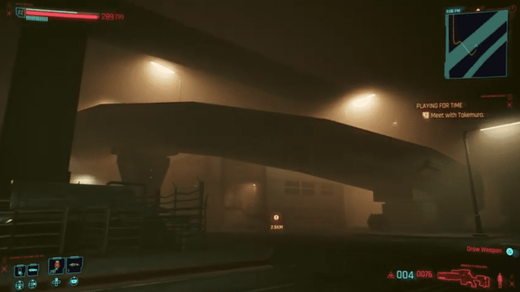 Screenshot of Cyberpunk 2077 depicting a foggy highway.
