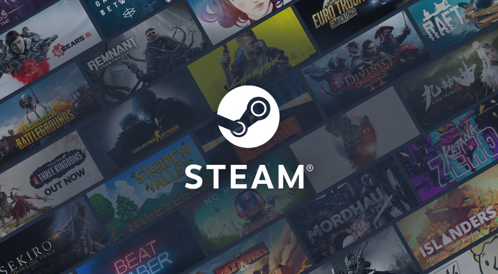 Steam logo with various game titles in the background