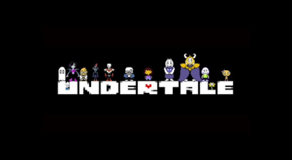 undertale written with characters on top of the letters on a black background