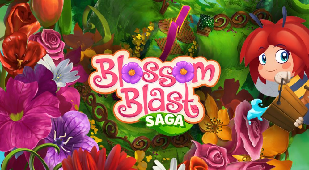 Blossom Blast Saga poster: a garden and a bee character.