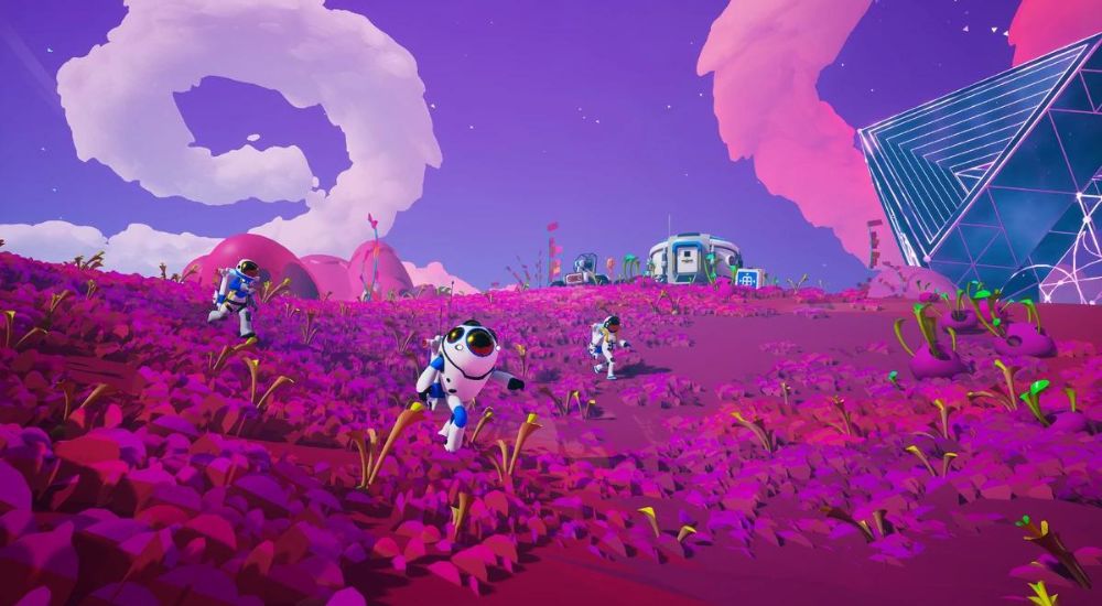 characters of Astroneer running in a purple field