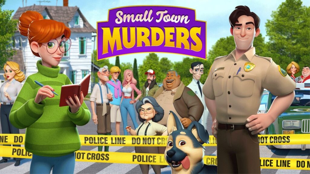 Small Town Murders poster: various characters at a crime scene.