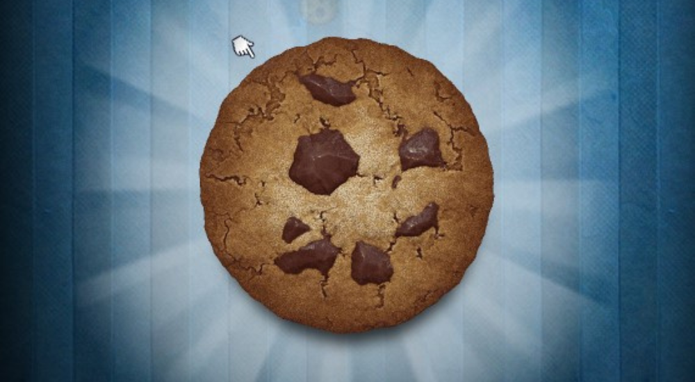 Cookie Clicker screenshot. A big cookie on a blue background