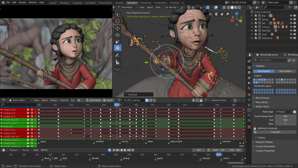 Screenshot of Blender using rigs for an animation.