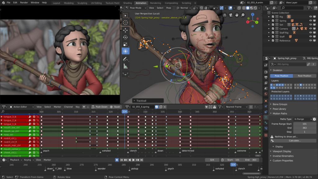 Screenshot depicting someone rigging a 3D model in Blender.