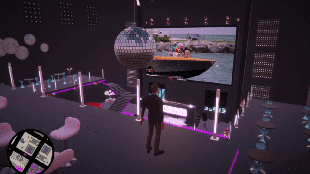 Screenshot of PolkaCity. It depicts a man in a virtual disco.