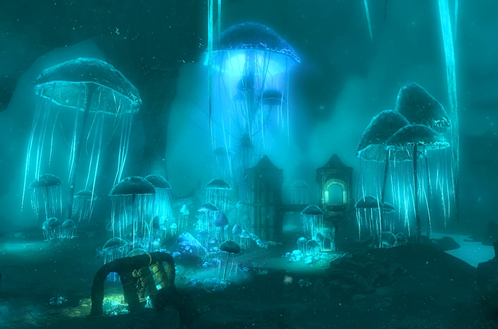 "Blackreach" in Skyrim, a place where giant glowing mushrooms light up this underground realm.