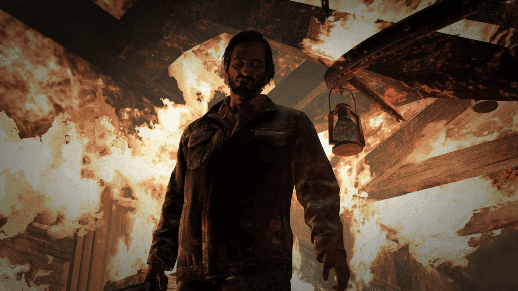 Screenshot of David (The Last of Us) burning down a restaurant.