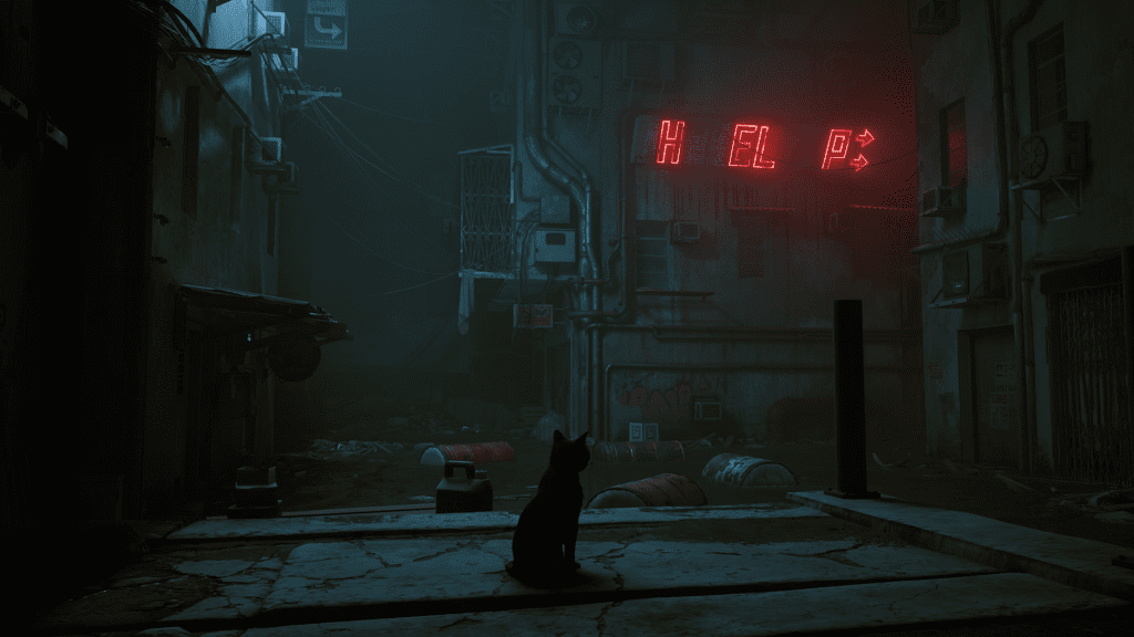 Screenshot from "Stray" depicting a cat, the game's main character.