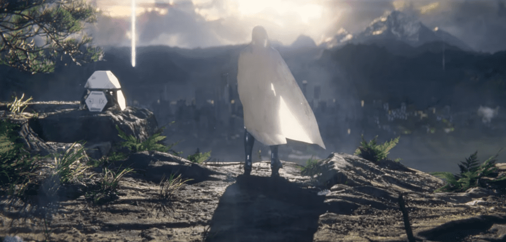 Screenshot taken from Planet IX's trailer. It depicts a human with a white cloak exploring a barren planet.