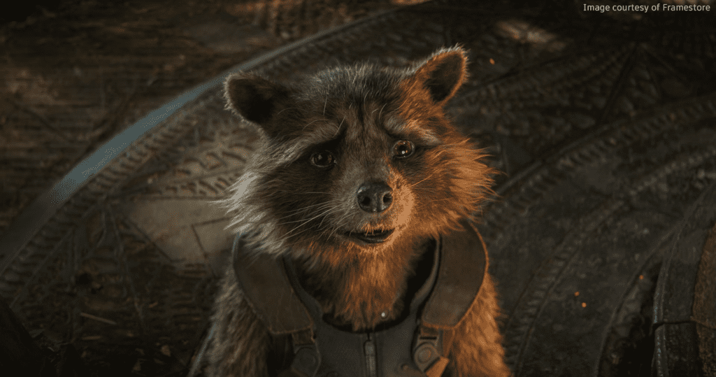 Imagem de Rocket Raccoon, personagem que foi criado e animado usando o Autodesk Maya.