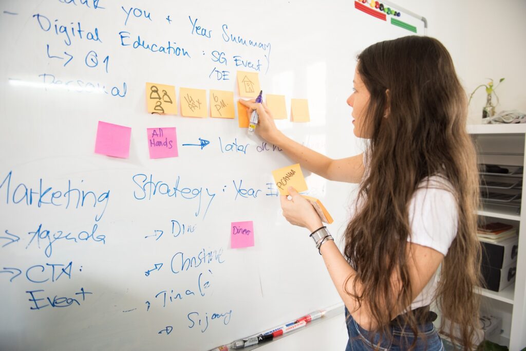 Woman brainstorming on a whiteboard.