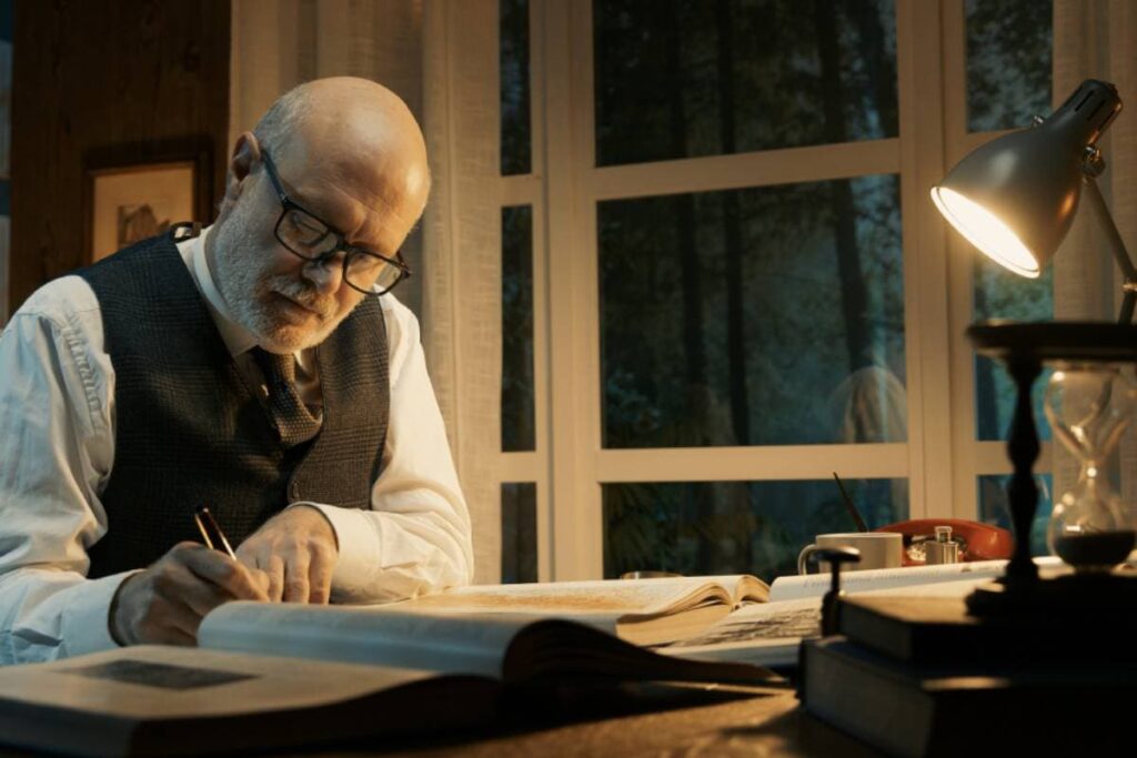 homem branco escrevendo em um caderno com uma caneta em uma escrivaninha