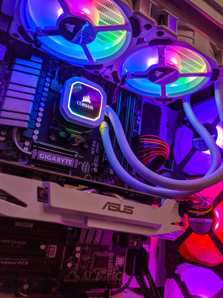 Internals of a gaming computer setup with RGB.