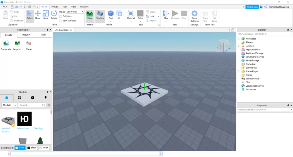 Screenshot of Roblox Studio, software used to create Roblox experiences.