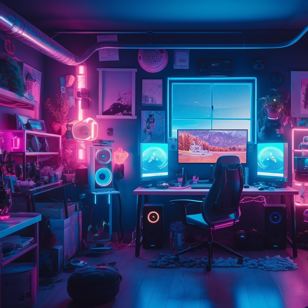 Image depicting a futuristic gamer room generated by AI.