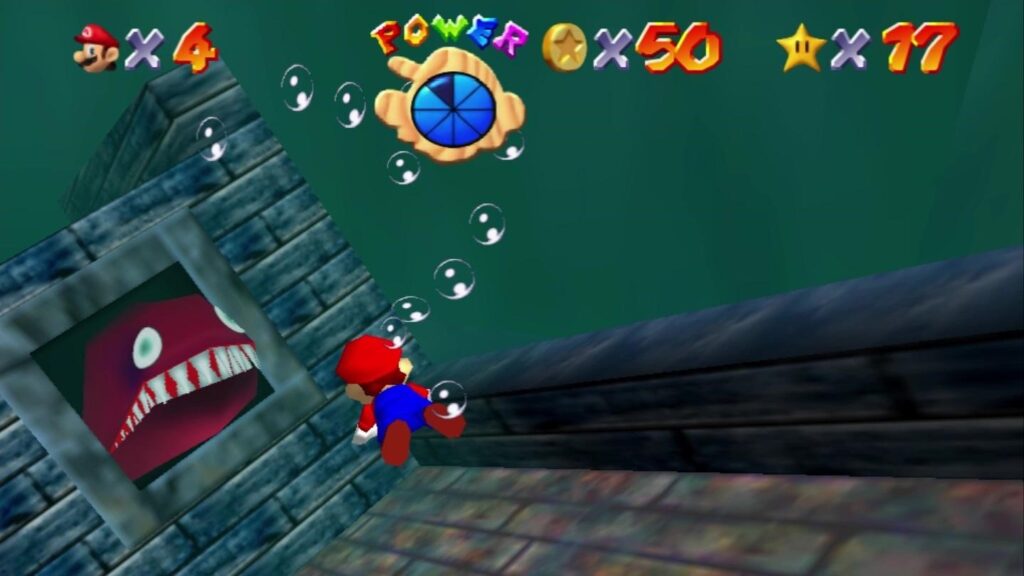 Screenshot de Super Mario 64 no nível Jolly Roger Bay.