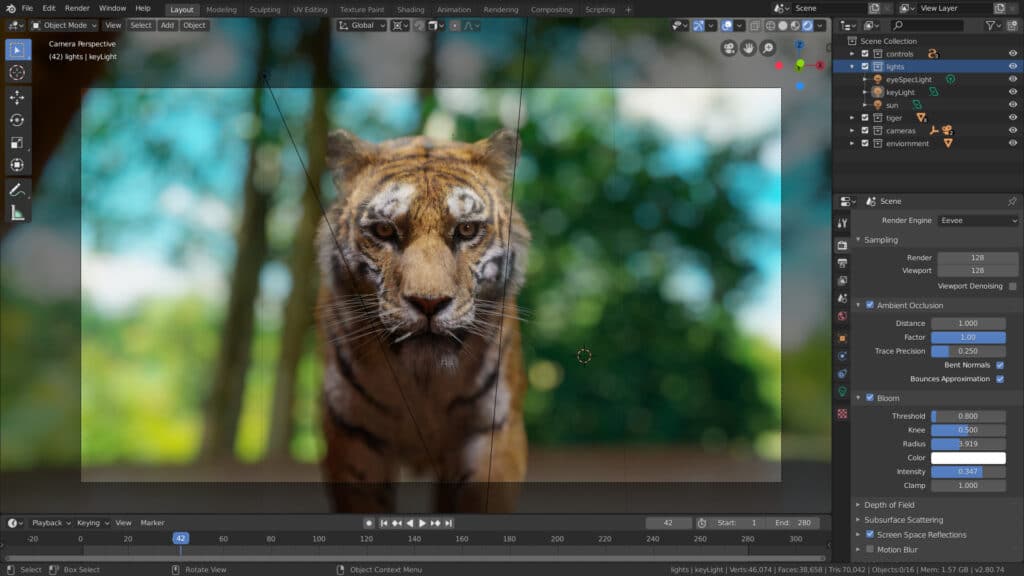 Blender screenshot depicting a tiger.
