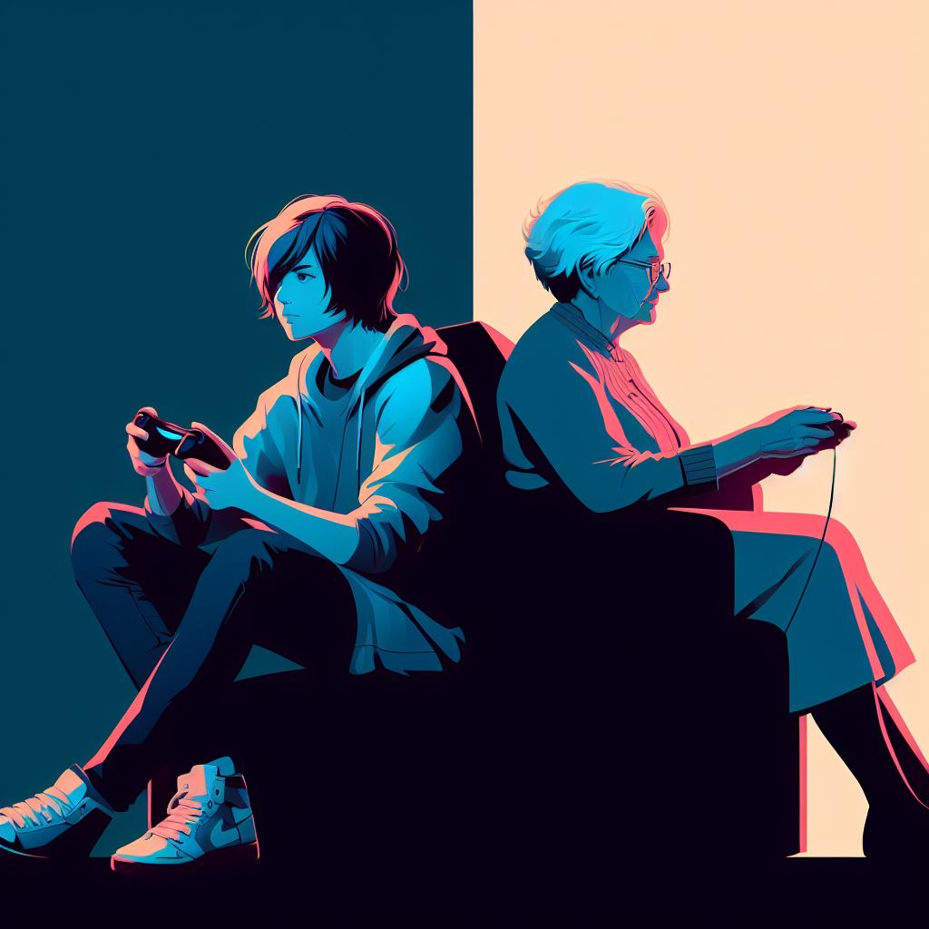 Semirealistic digital art of a teenager and an elderly person playing a video game together.