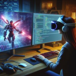 AI-generated image of a woman programming games while wearing a VR headset.