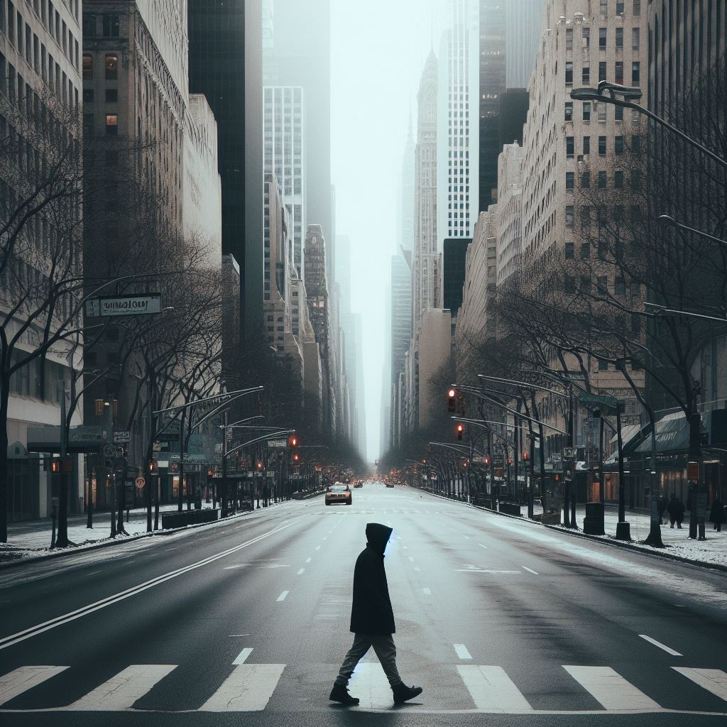 Photo of a guy walking in an empty street.