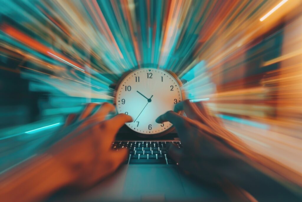 closeup photo persons hands typing laptop keyboard with clock center blurred background colorful streaks representing passage time