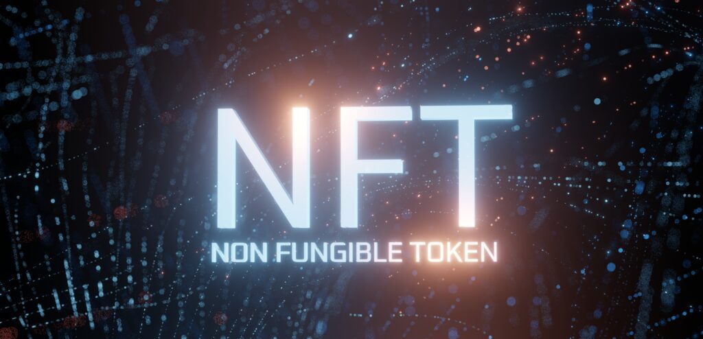 glowing nft non fungible token text abstract digital wavy dots background