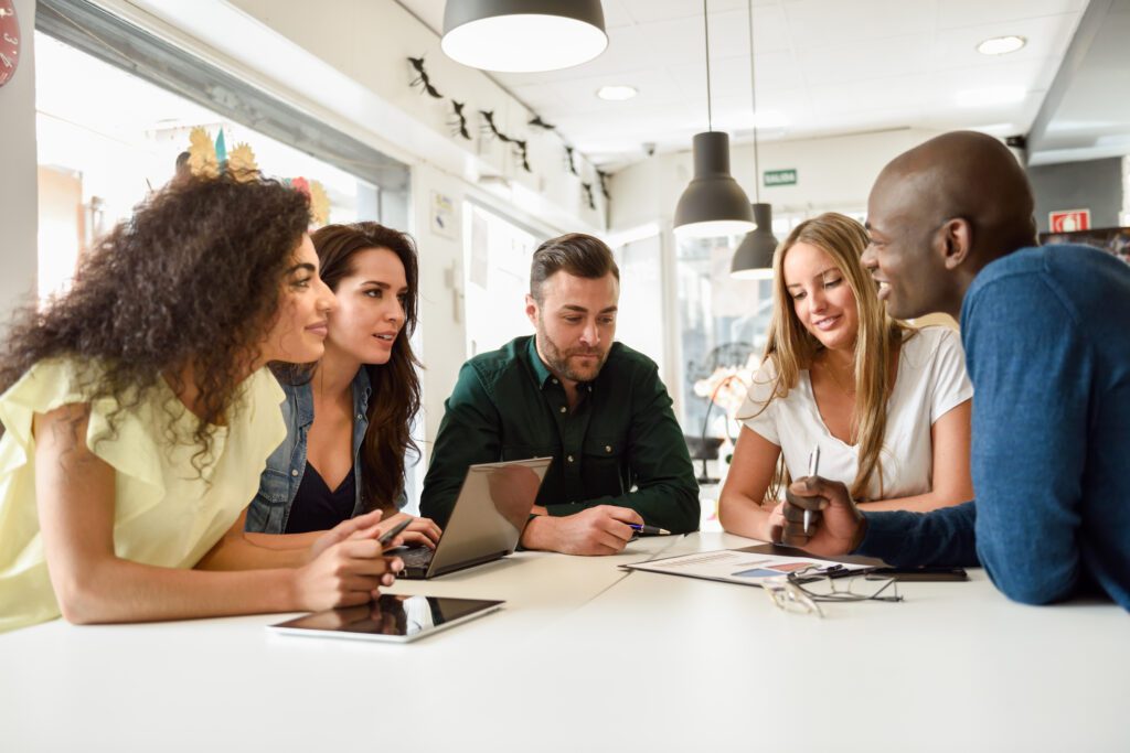 multi ethnic group young people studying together white de 1