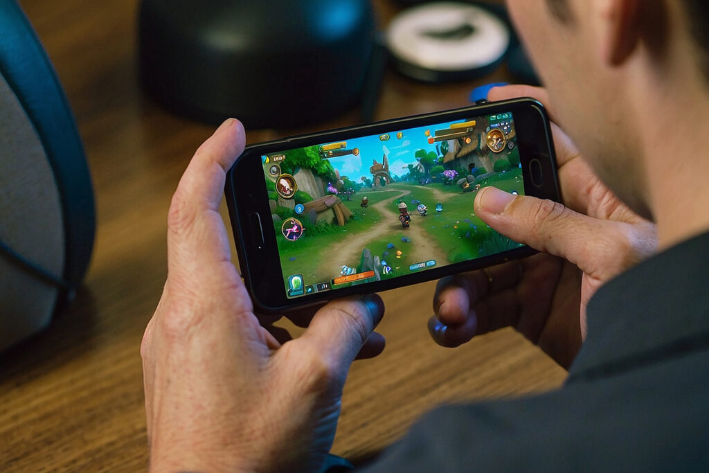 mobile gamer playing game his mobile