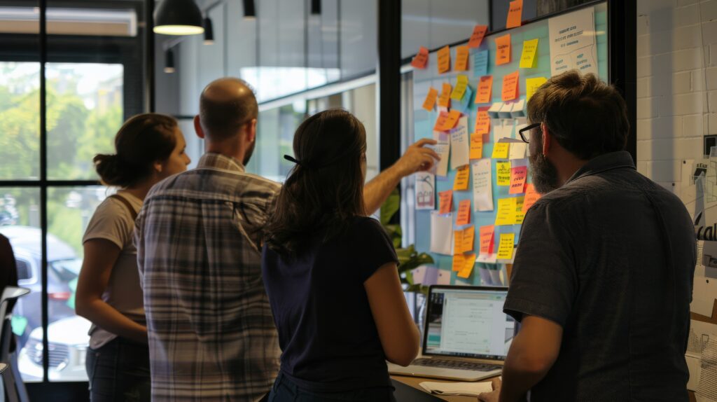 team collaborating project with laptop sticky notes wall